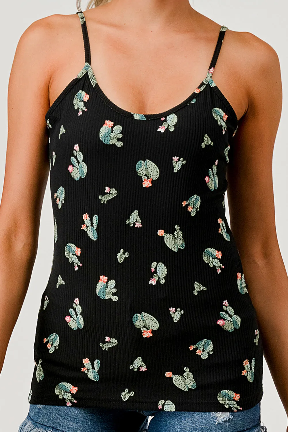 2-Pack Rib Knit Cami Tank Tops - Green, Black Cactus