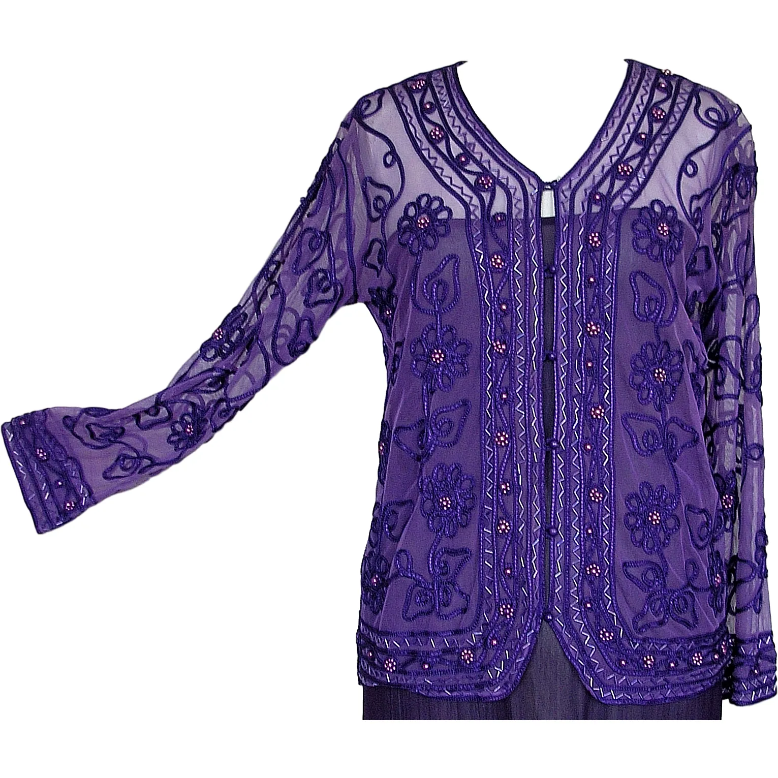 Adini Net and Ribbon Long Sleeve Sheer Ribbon and Bead Cardigan