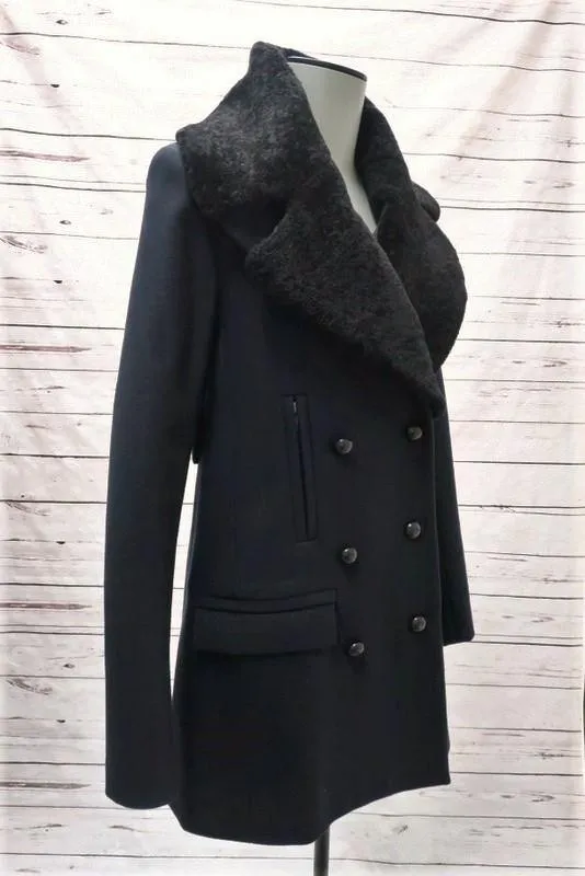 A.L.C. Peacoat Savannah Navy Wool Felt Size 2 Shearling Collar Jacket