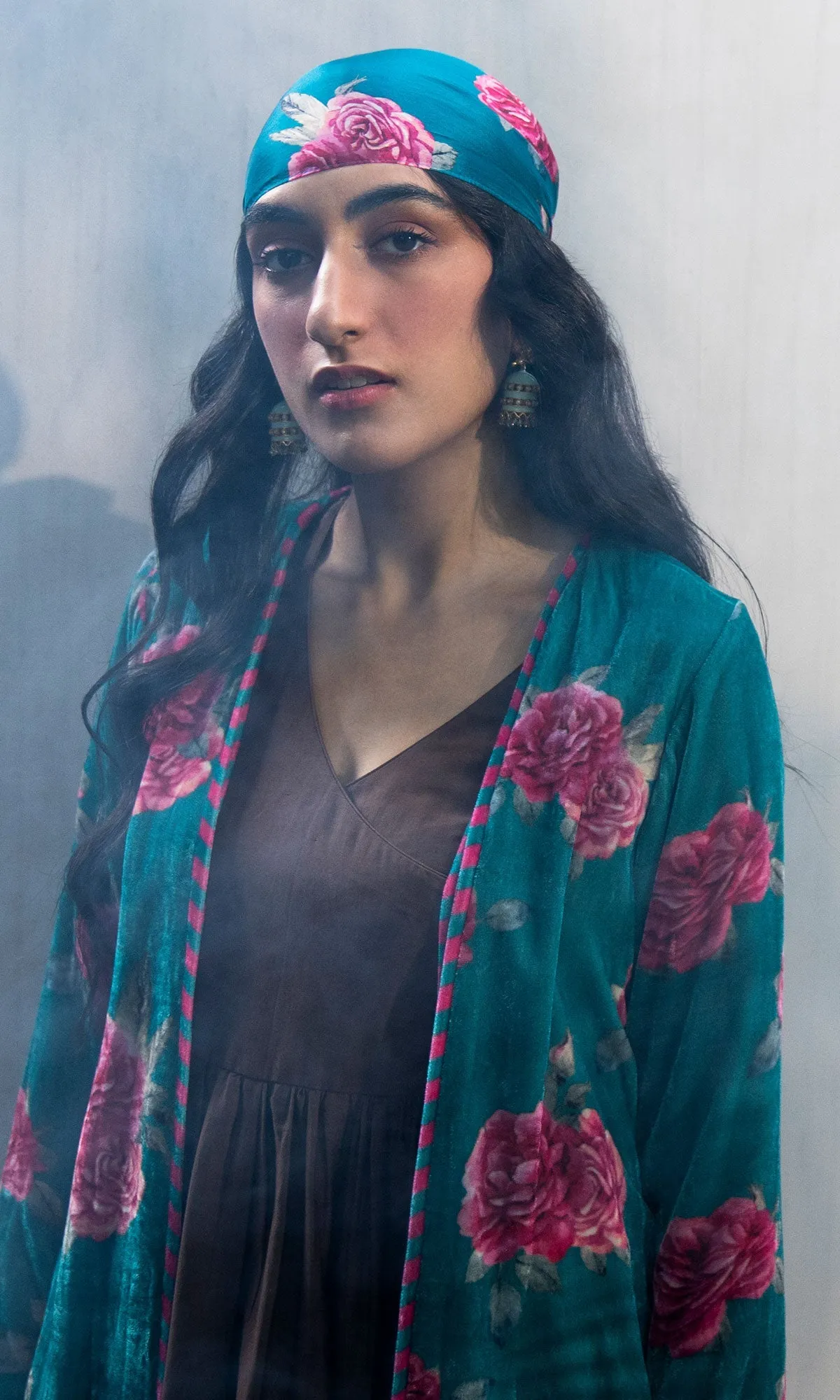 Bareen Silk velvet floral Teal jacket