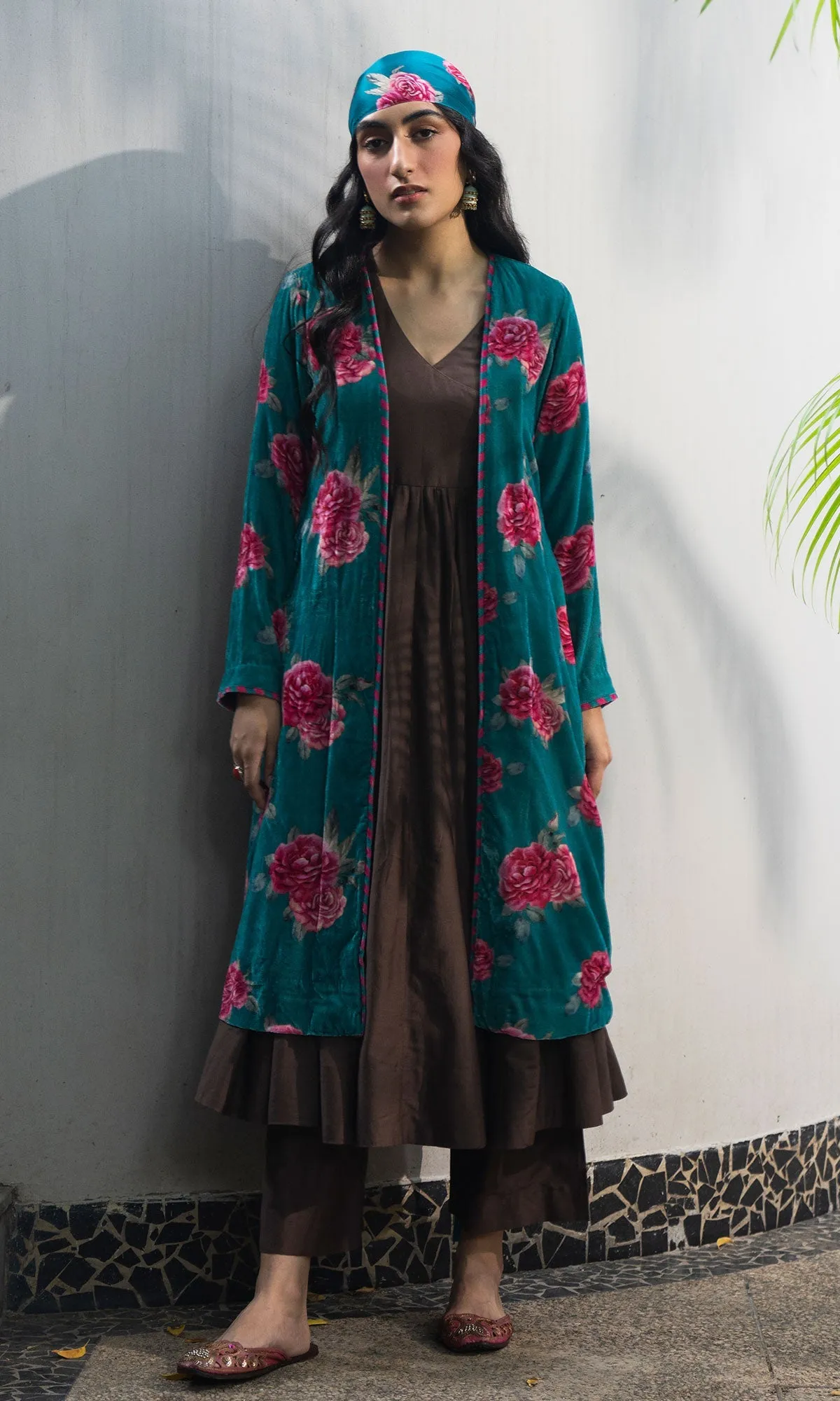 Bareen Silk velvet floral Teal jacket
