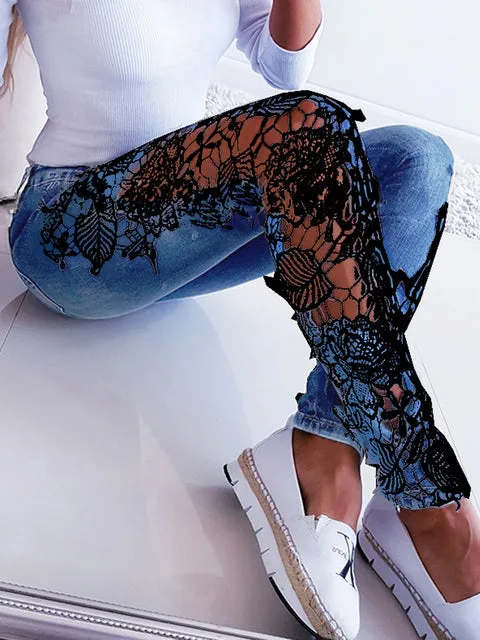 Black or White Lace Floral Crochet Side Panel Hollow-Out Skinny Jeans S-3XL