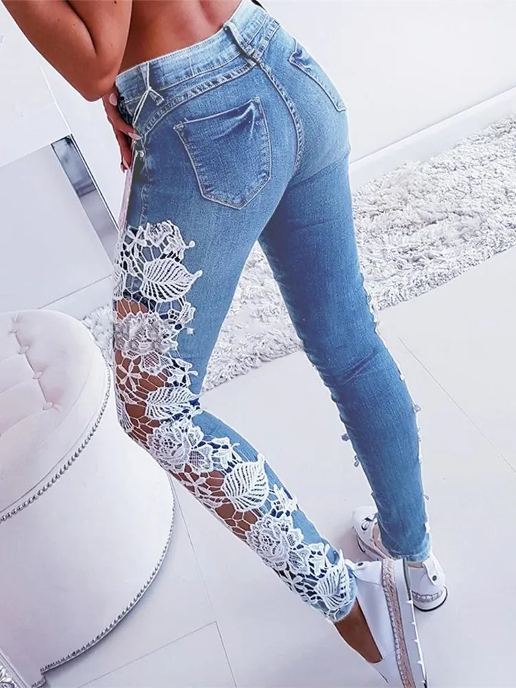 Black or White Lace Floral Crochet Side Panel Hollow-Out Skinny Jeans S-3XL