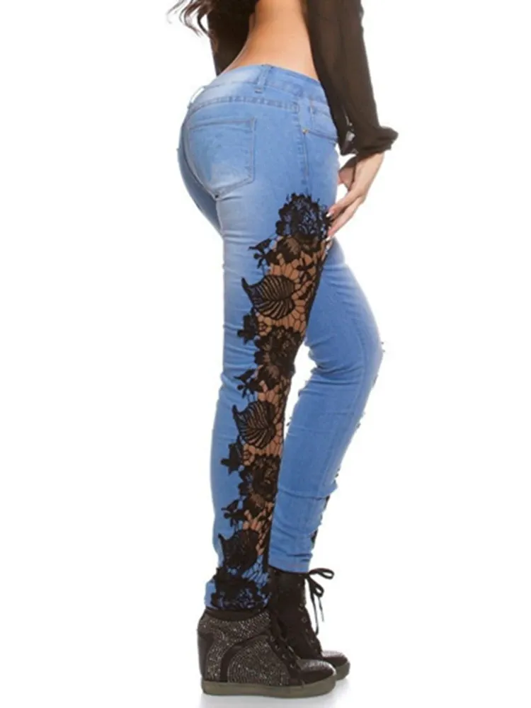 Black or White Lace Floral Crochet Side Panel Hollow-Out Skinny Jeans S-3XL