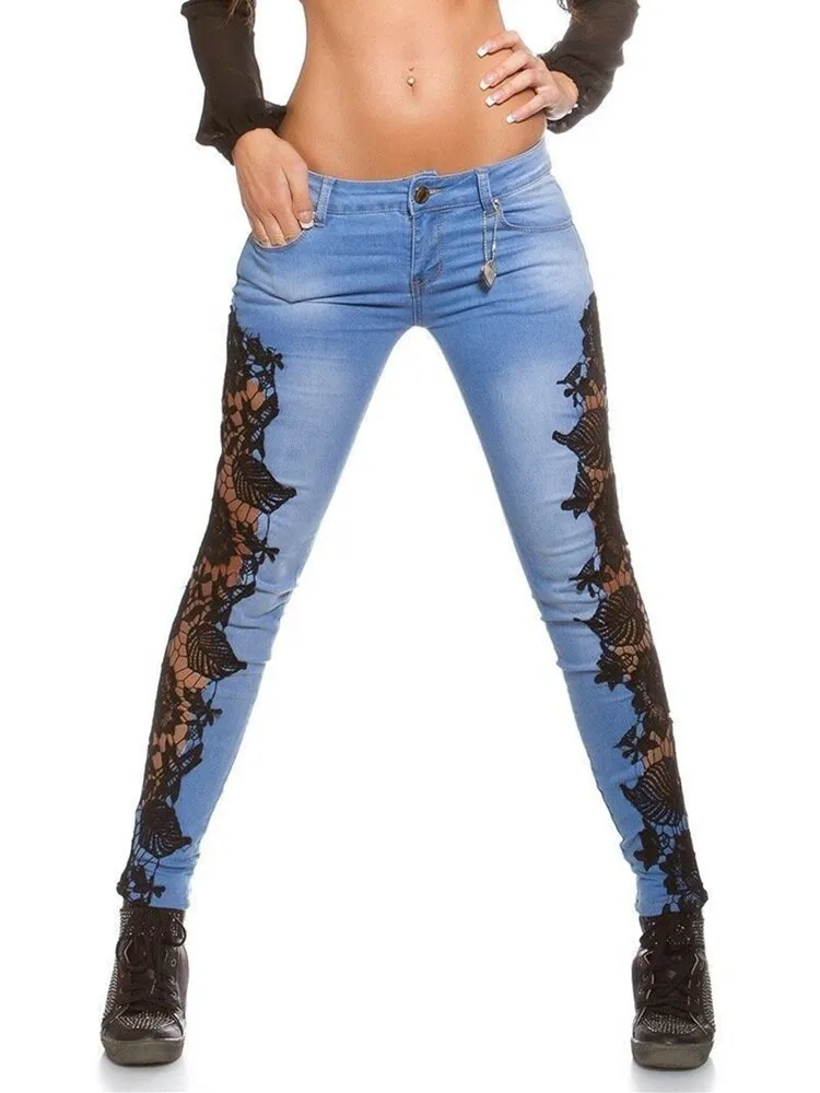 Black or White Lace Floral Crochet Side Panel Hollow-Out Skinny Jeans S-3XL