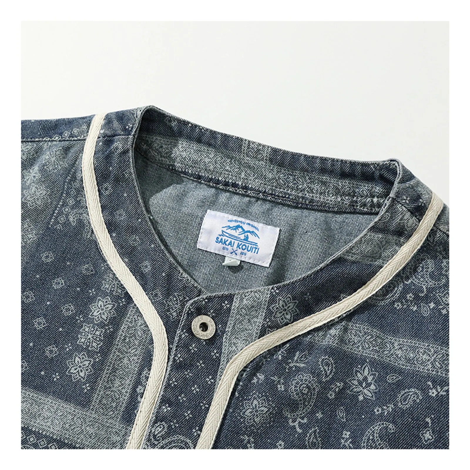 Cashew Flower Shirt Henley Collar Vintage Japanese Shirt