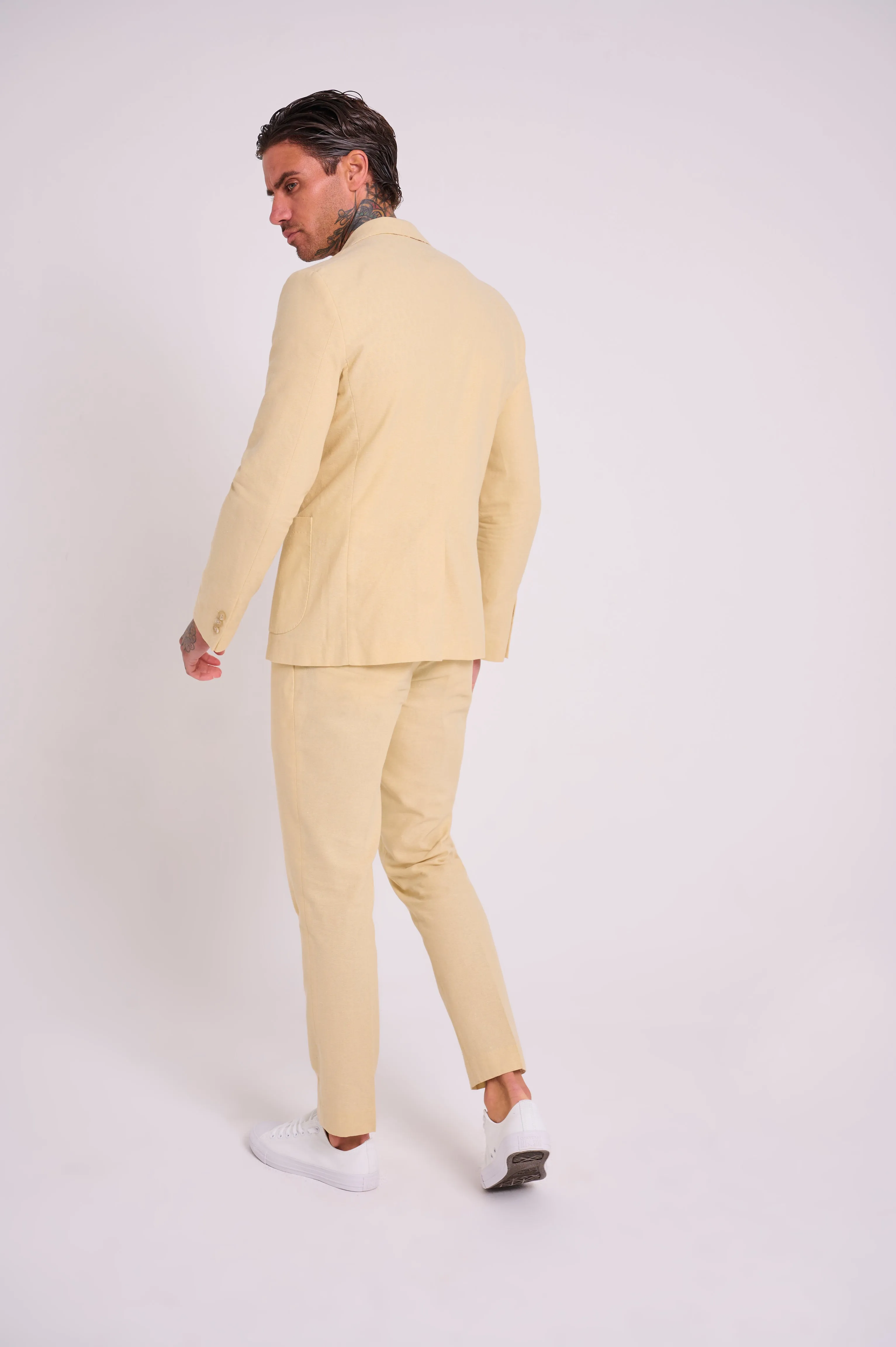 Chris Slim Fit Linen Cotton Blend Suit Smart Trousers in Yellow
