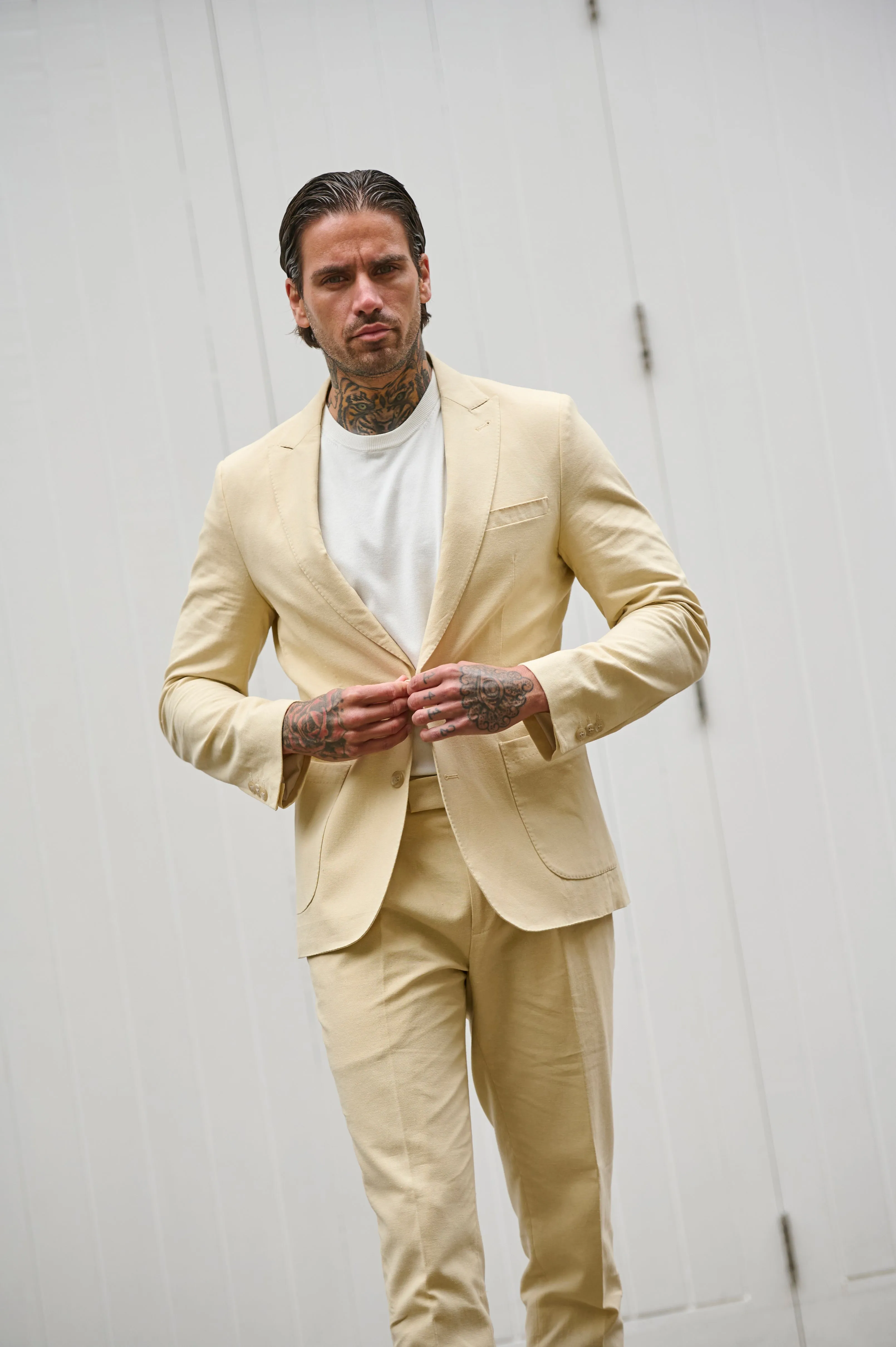 Chris Slim Fit Linen Cotton Blend Suit Smart Trousers in Yellow