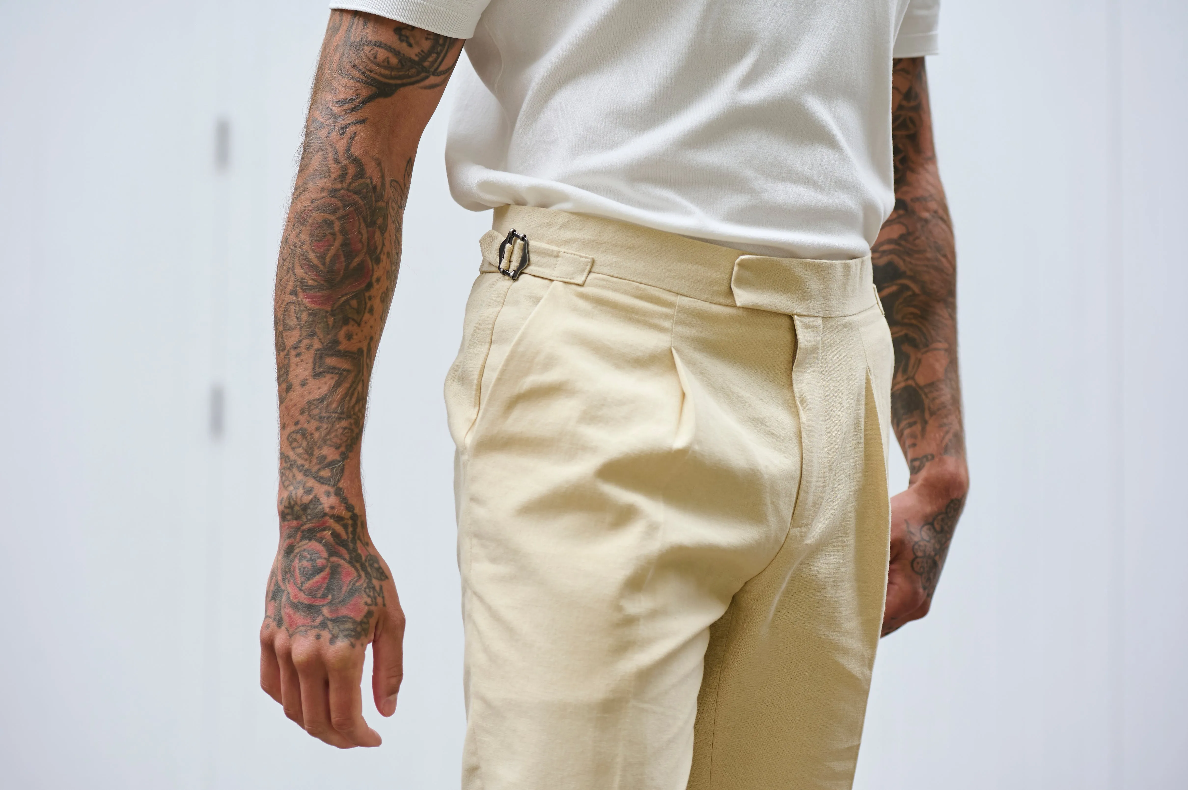 Chris Slim Fit Linen Cotton Blend Suit Smart Trousers in Yellow