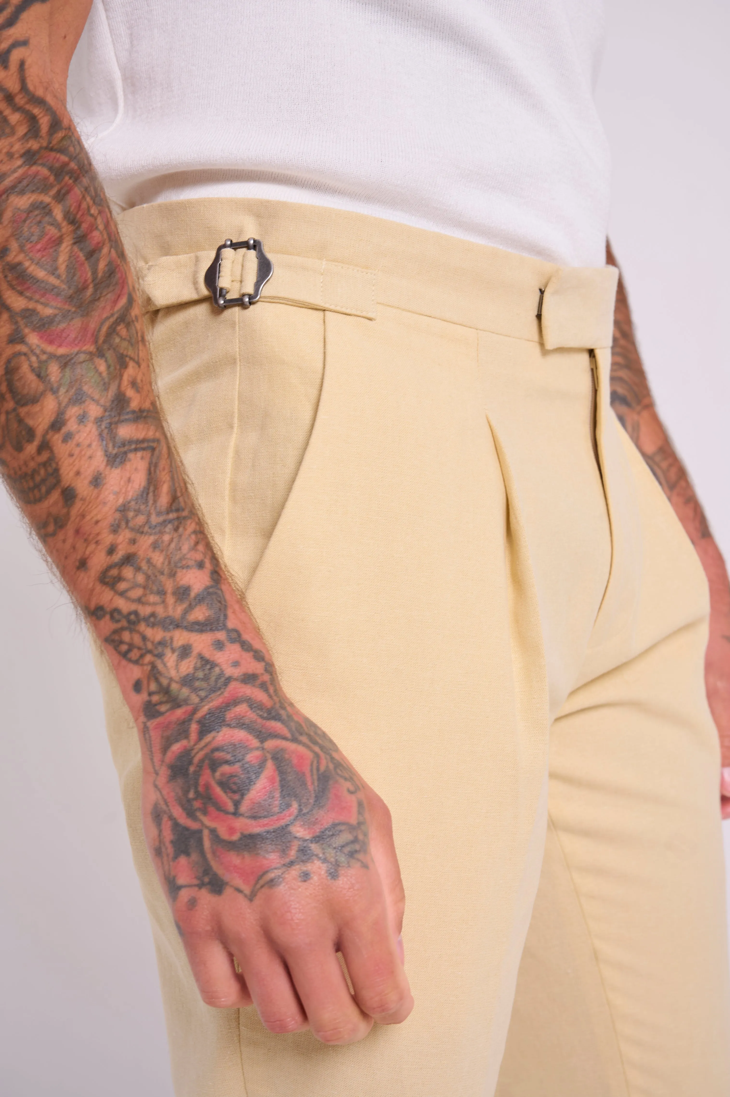 Chris Slim Fit Linen Cotton Blend Suit Smart Trousers in Yellow