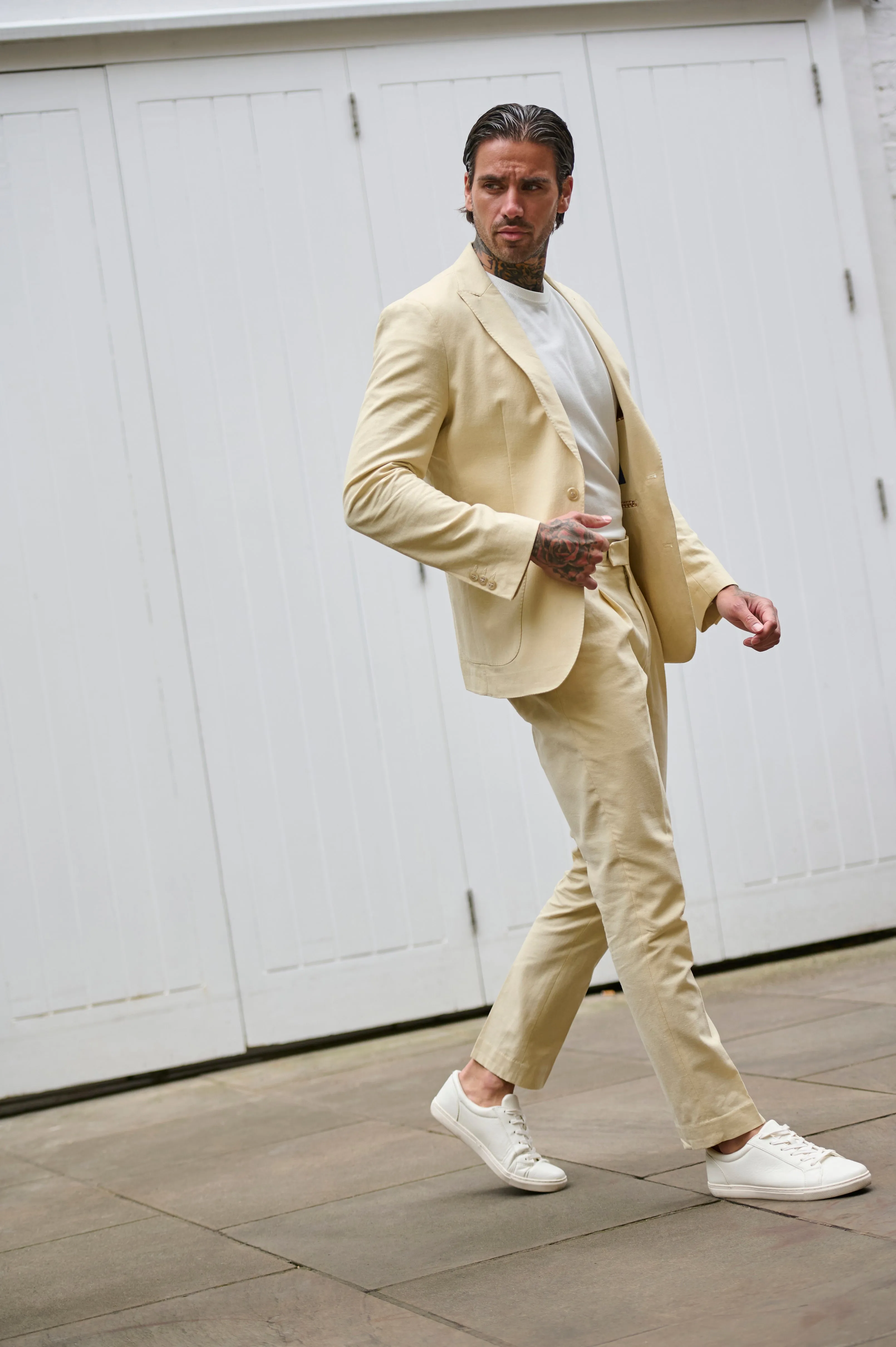 Chris Slim Fit Linen Cotton Blend Suit Smart Trousers in Yellow
