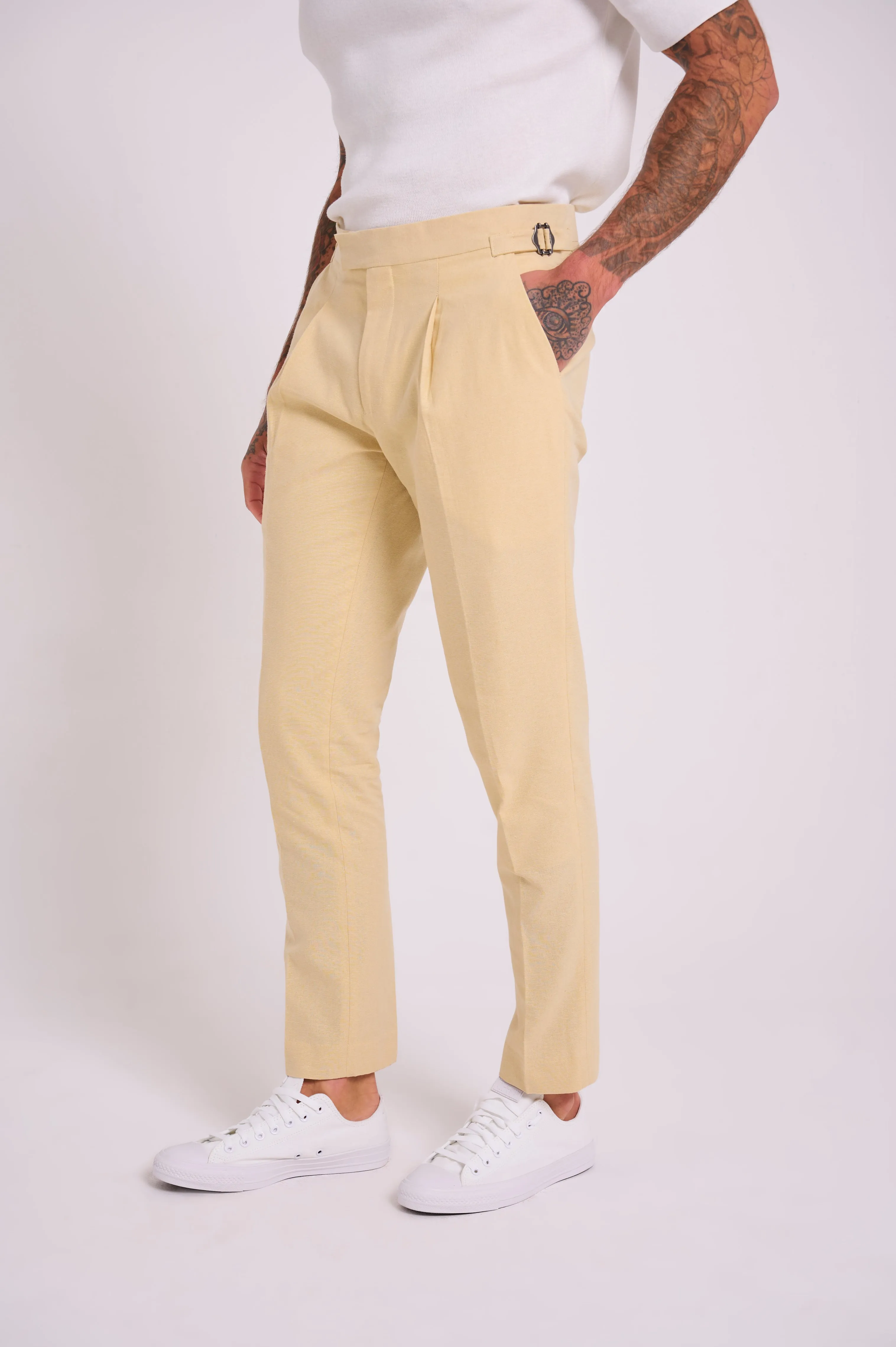 Chris Slim Fit Linen Cotton Blend Suit Smart Trousers in Yellow