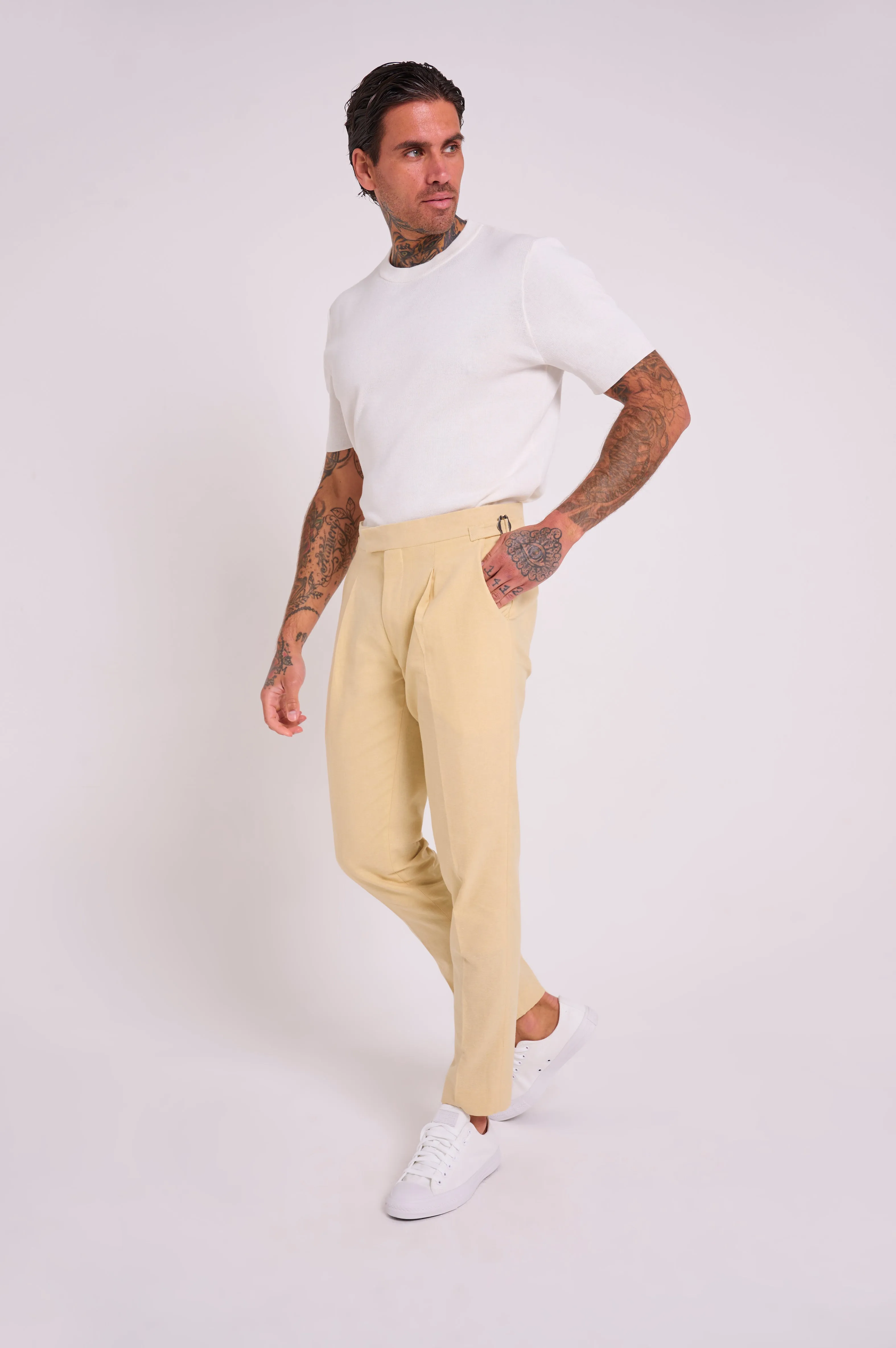 Chris Slim Fit Linen Cotton Blend Suit Smart Trousers in Yellow