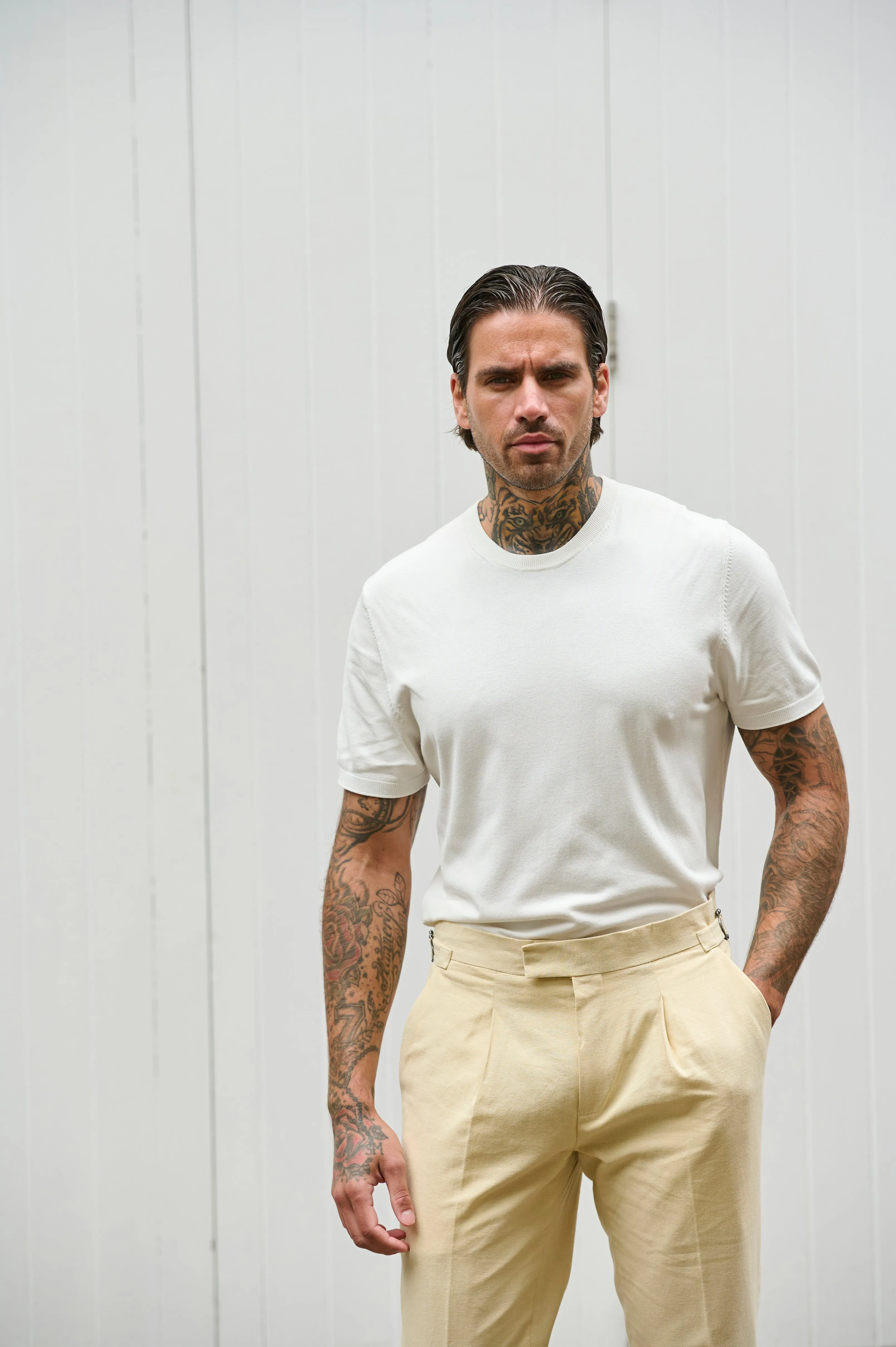 Chris Slim Fit Linen Cotton Blend Suit Smart Trousers in Yellow