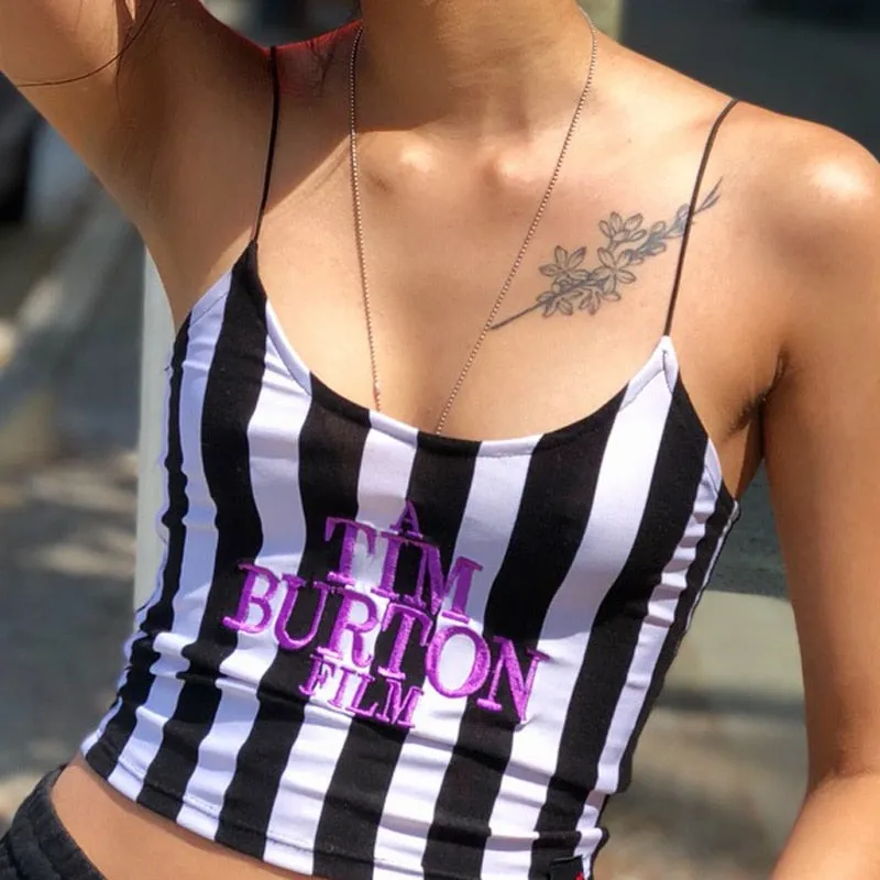 Fashionkova  E-Girl Letter Embroidery Camis Women Sexy Crop Top 2022 Summer Sleeveless Skinny Camisole Y2K Black White Stripe Vests Tee
