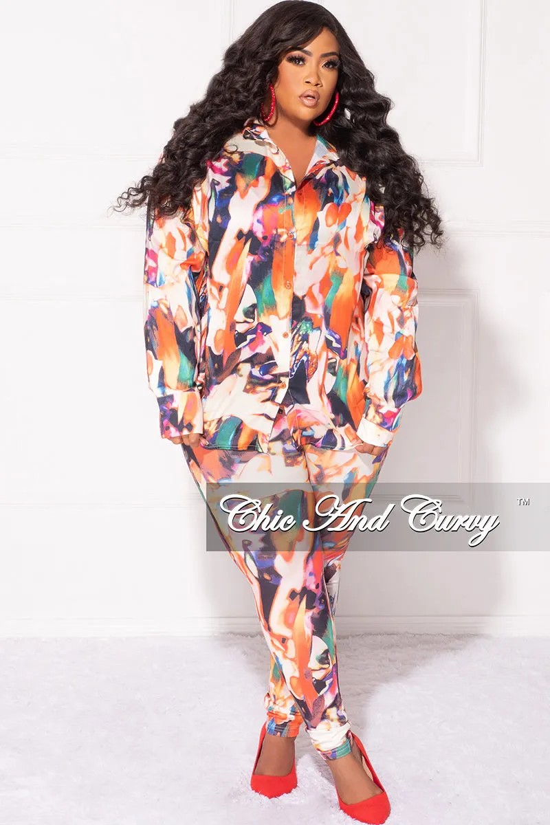 Final Sale Plus Size 2pc Button Up Shirt and Pants Set in Multi Color DaVinci Print