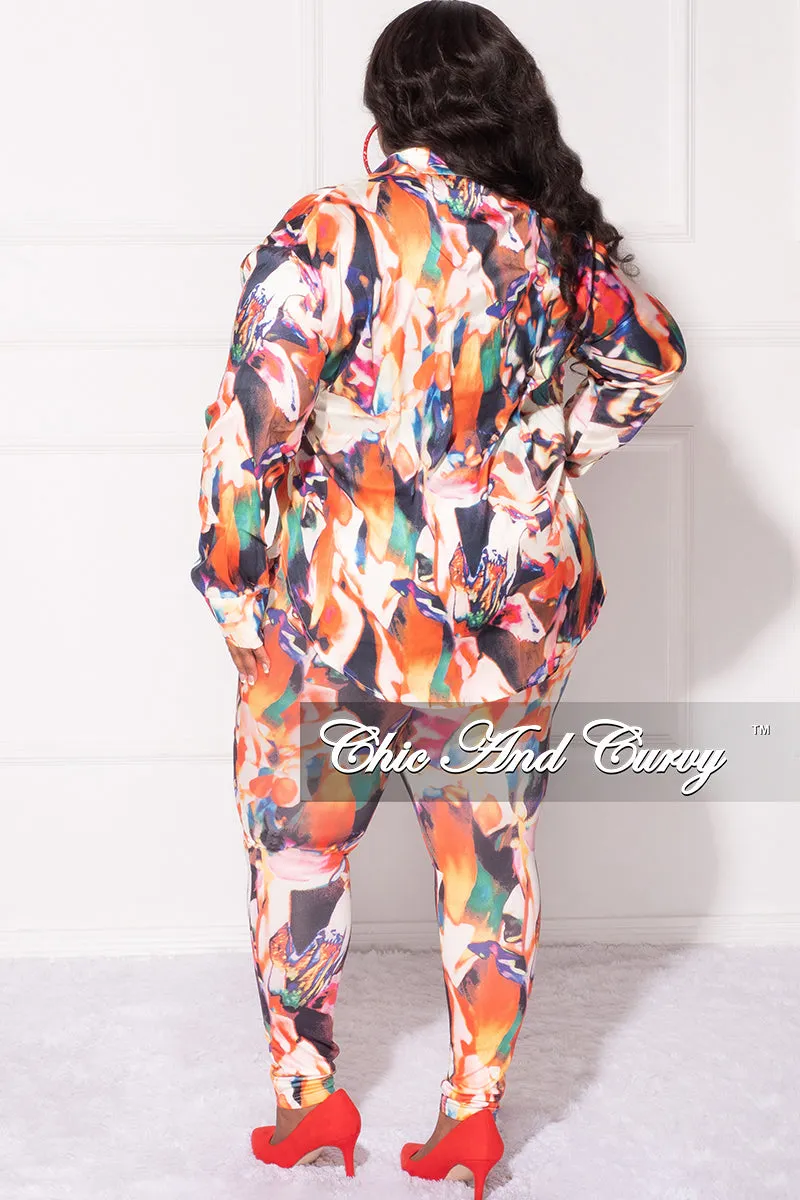 Final Sale Plus Size 2pc Button Up Shirt and Pants Set in Multi Color DaVinci Print