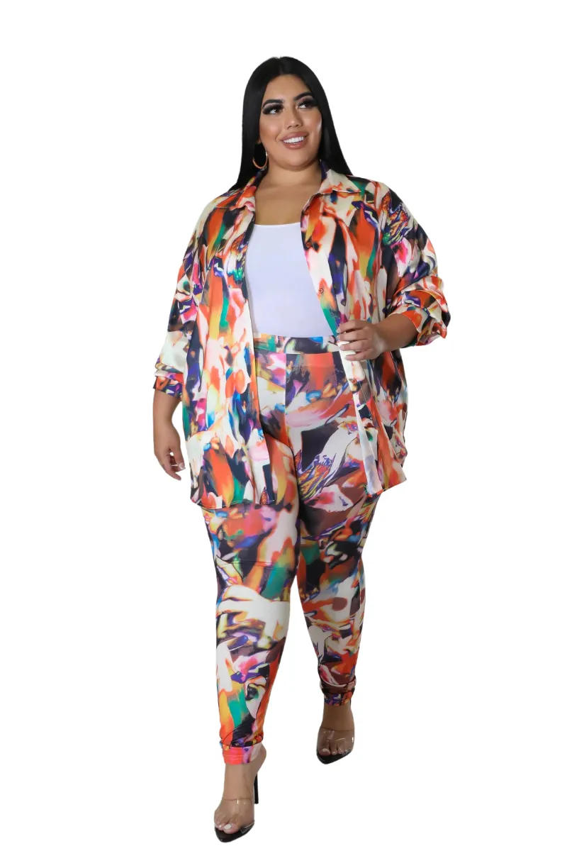 Final Sale Plus Size 2pc Button Up Shirt and Pants Set in Multi Color DaVinci Print