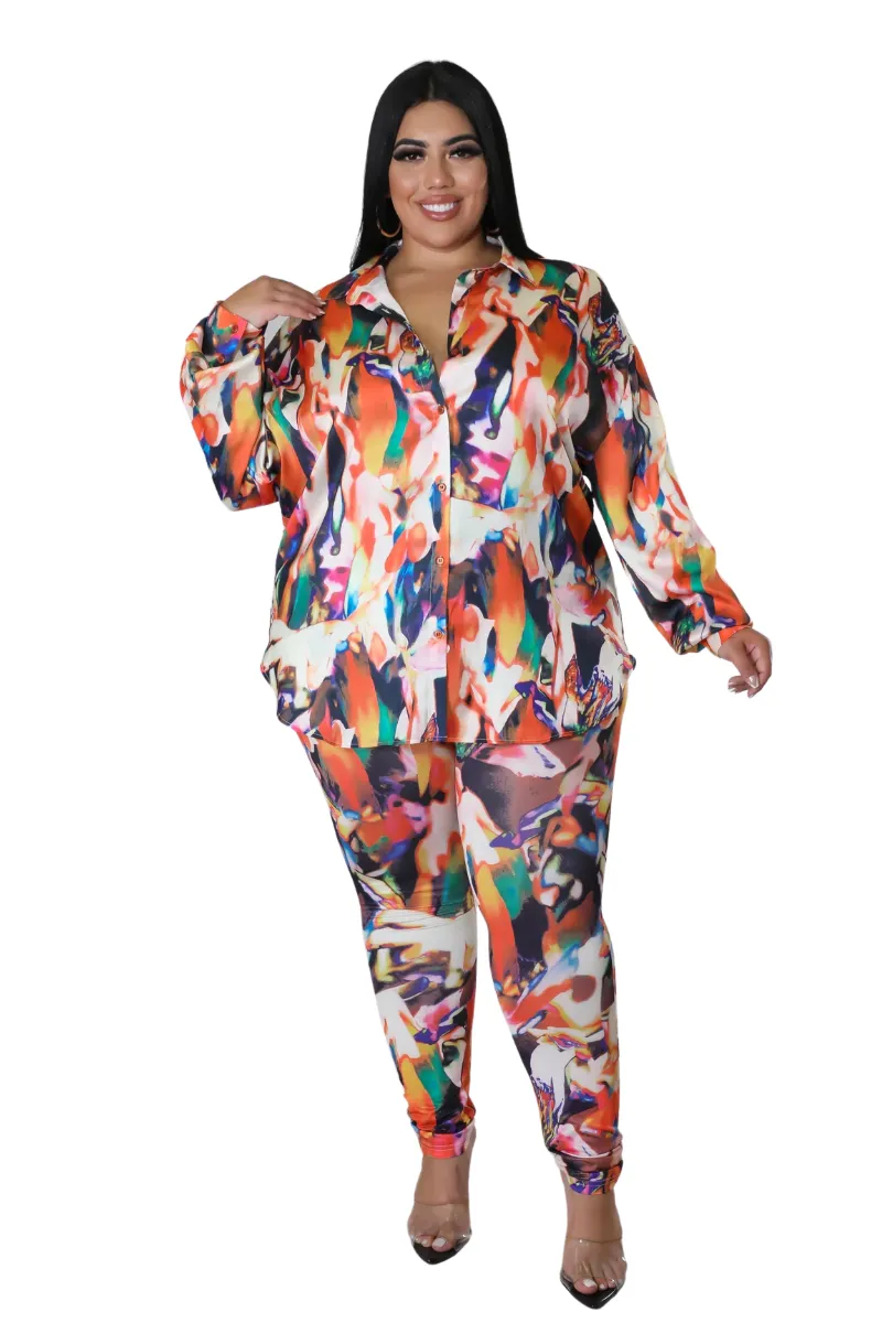 Final Sale Plus Size 2pc Button Up Shirt and Pants Set in Multi Color DaVinci Print