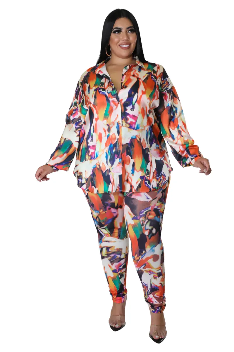 Final Sale Plus Size 2pc Button Up Shirt and Pants Set in Multi Color DaVinci Print