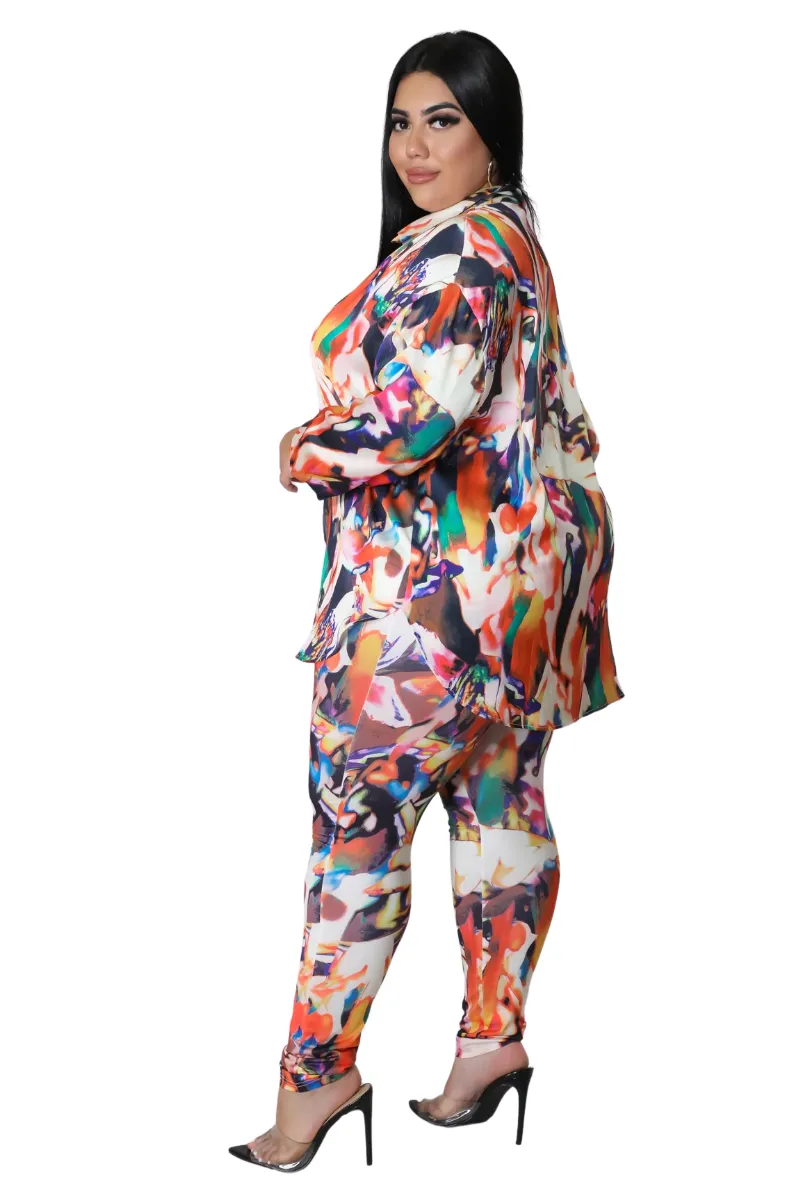 Final Sale Plus Size 2pc Button Up Shirt and Pants Set in Multi Color DaVinci Print