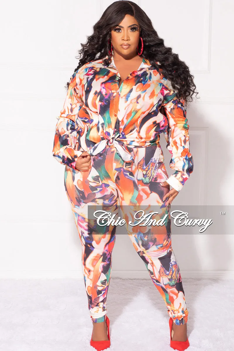 Final Sale Plus Size 2pc Button Up Shirt and Pants Set in Multi Color DaVinci Print