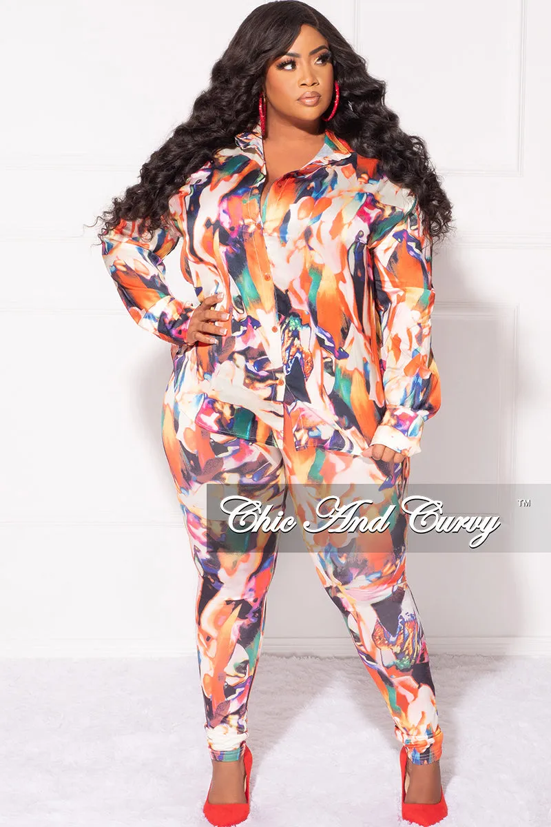 Final Sale Plus Size 2pc Button Up Shirt and Pants Set in Multi Color DaVinci Print