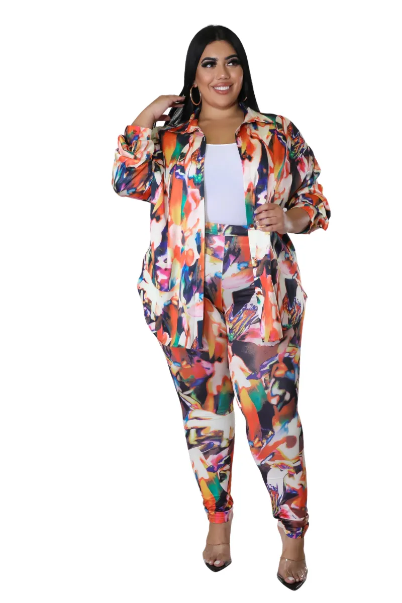 Final Sale Plus Size 2pc Button Up Shirt and Pants Set in Multi Color DaVinci Print