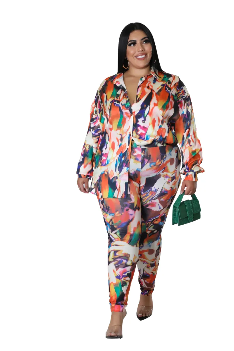 Final Sale Plus Size 2pc Button Up Shirt and Pants Set in Multi Color DaVinci Print