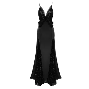 Hit Color Vintage Camisole Dresses For Women V Neck Sleeveless High Waist Patchwork Lace Elegant Dress Female