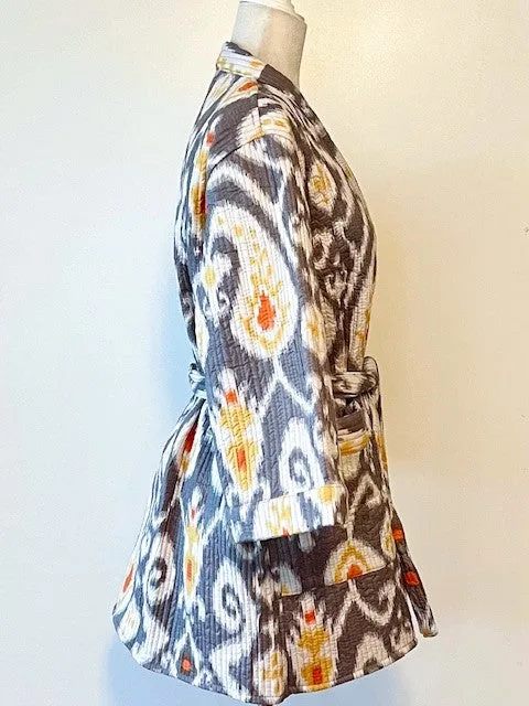Lively Short Designer Wrap Jacket. Ikat Print And Fully Reversible . (Gray)