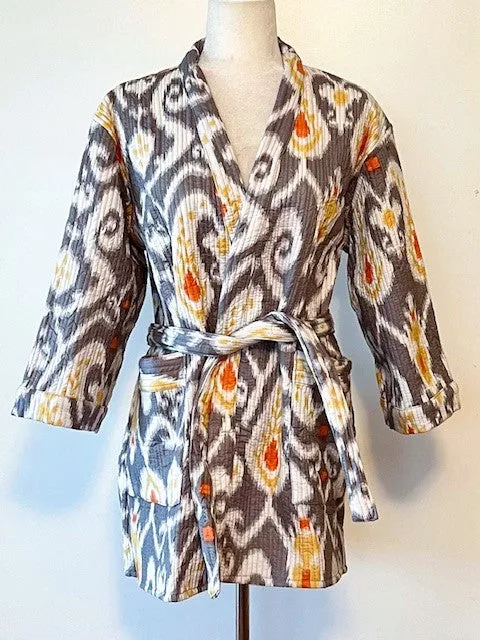 Lively Short Designer Wrap Jacket. Ikat Print And Fully Reversible . (Gray)