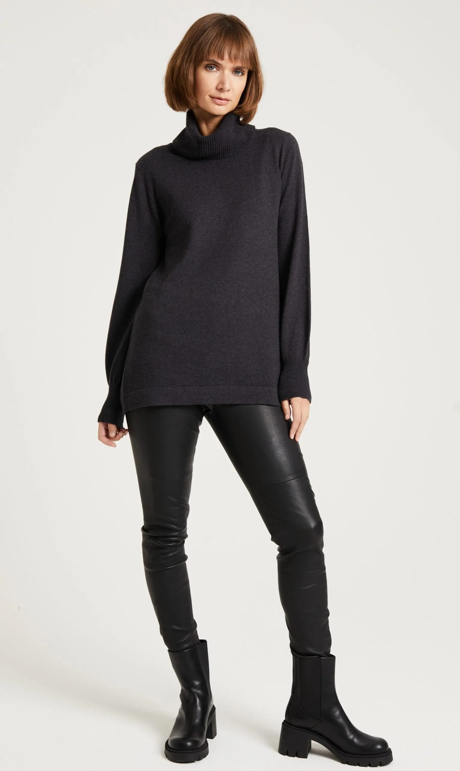 Longline Roll Neck Jumper, Charcoal