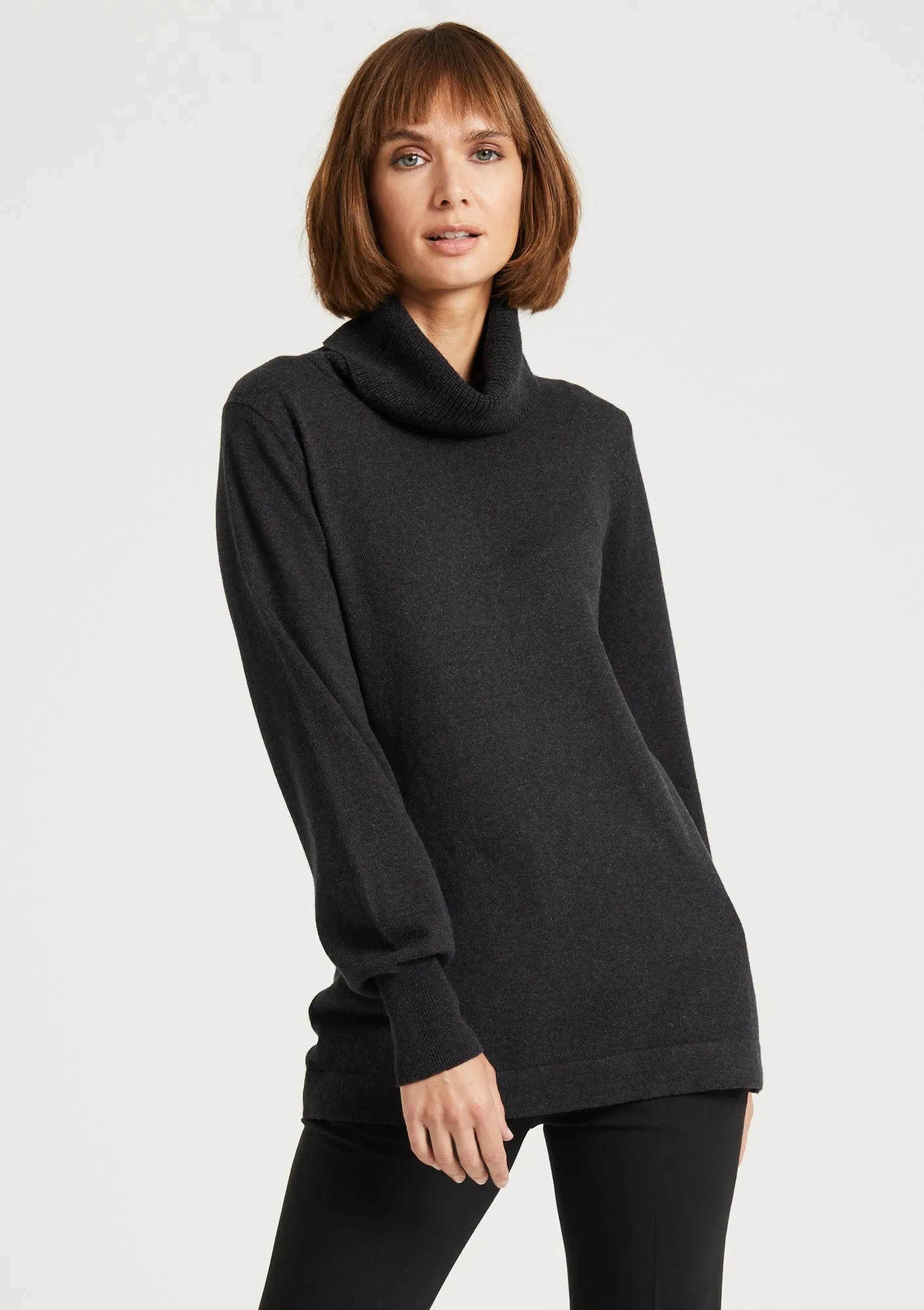 Longline Roll Neck Jumper, Charcoal