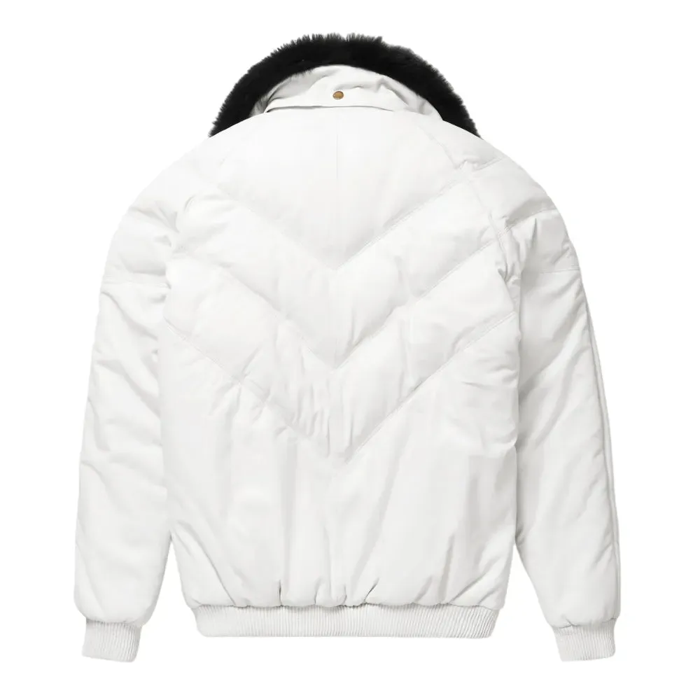 Mens White Leather V Bomber Jacket