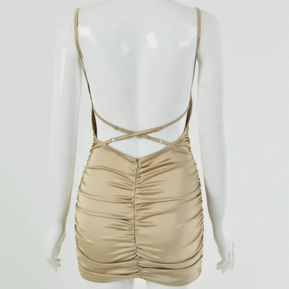 Party Dresses Mini Summer 2024 Sexy Women Bodycon Spaghetti Backless Strap Club Ruched Female Dress