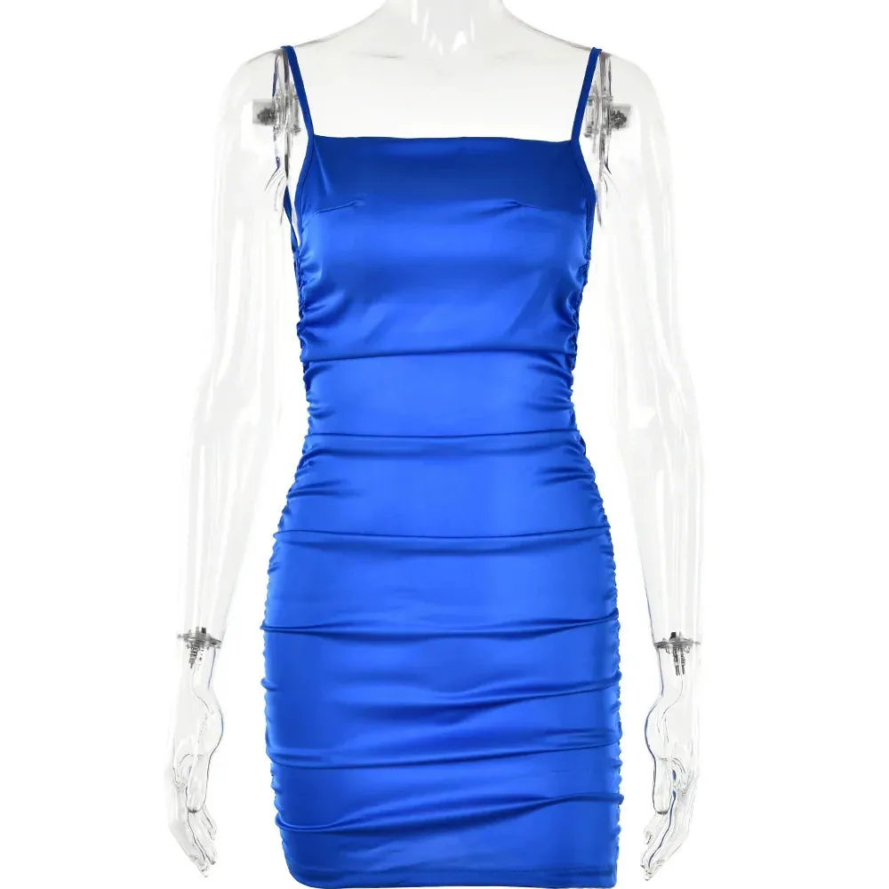 Party Dresses Mini Summer 2024 Sexy Women Bodycon Spaghetti Backless Strap Club Ruched Female Dress