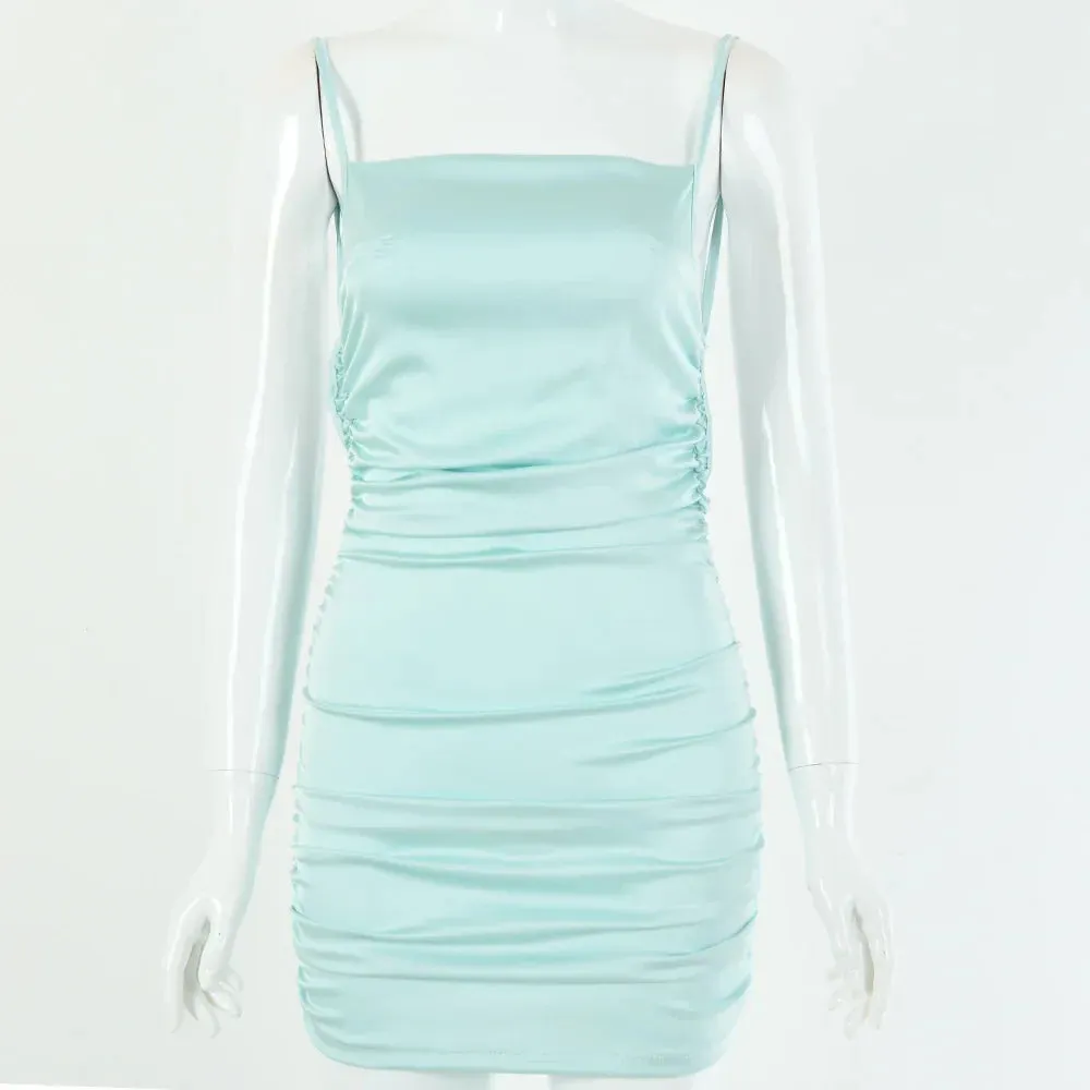 Party Dresses Mini Summer 2024 Sexy Women Bodycon Spaghetti Backless Strap Club Ruched Female Dress