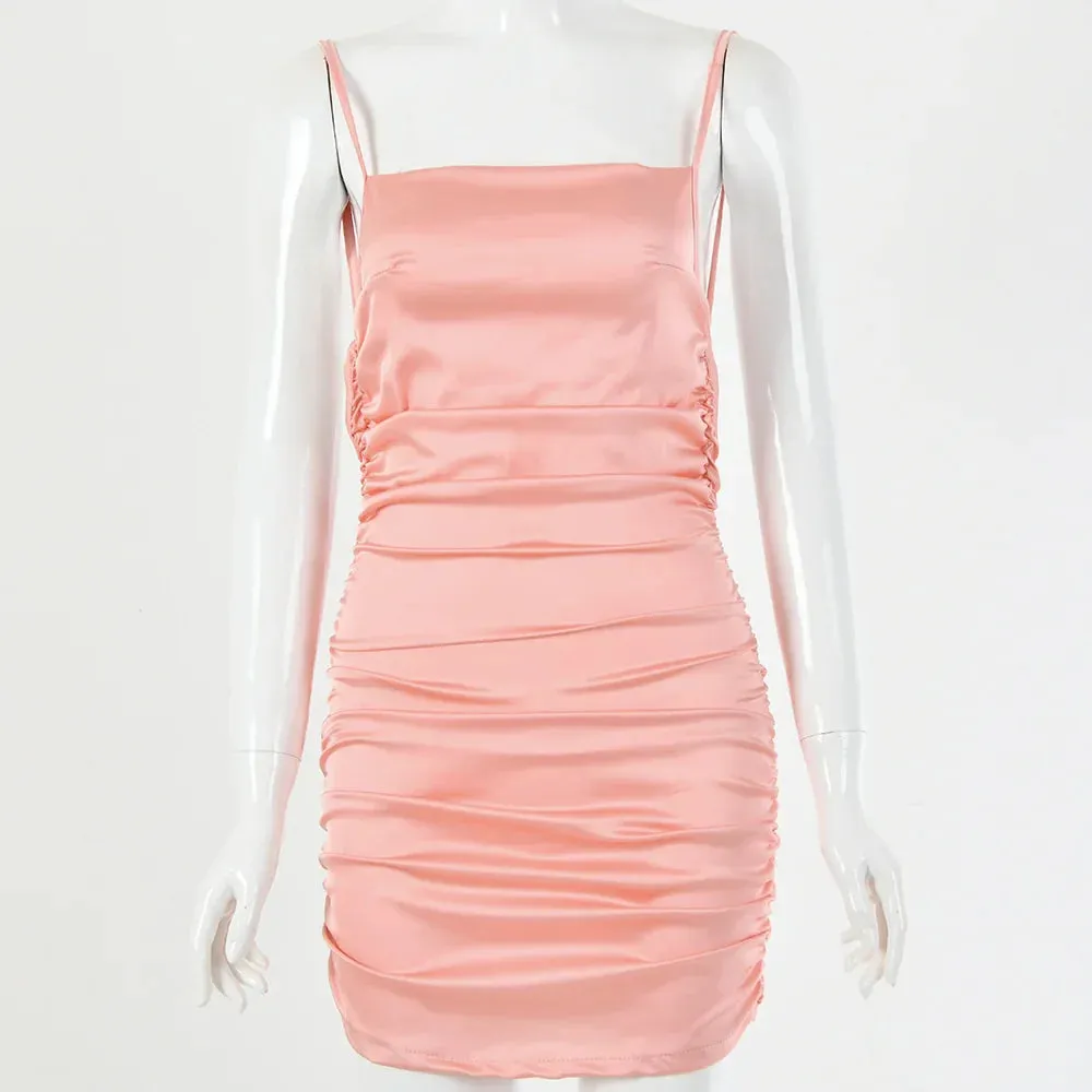 Party Dresses Mini Summer 2024 Sexy Women Bodycon Spaghetti Backless Strap Club Ruched Female Dress