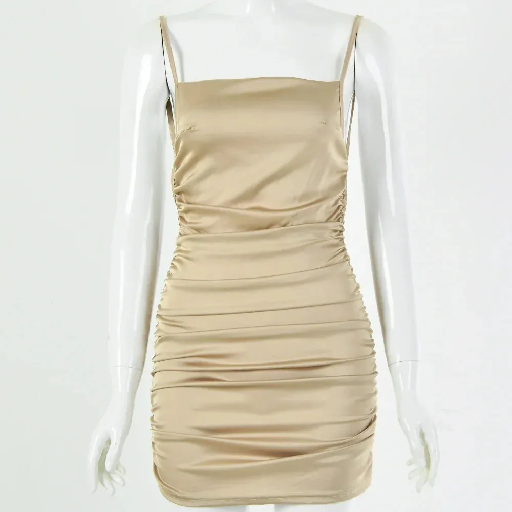 Party Dresses Mini Summer 2024 Sexy Women Bodycon Spaghetti Backless Strap Club Ruched Female Dress