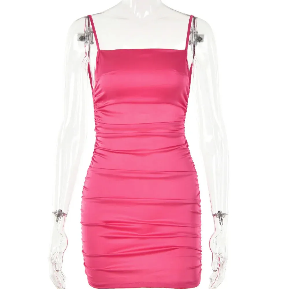 Party Dresses Mini Summer 2024 Sexy Women Bodycon Spaghetti Backless Strap Club Ruched Female Dress