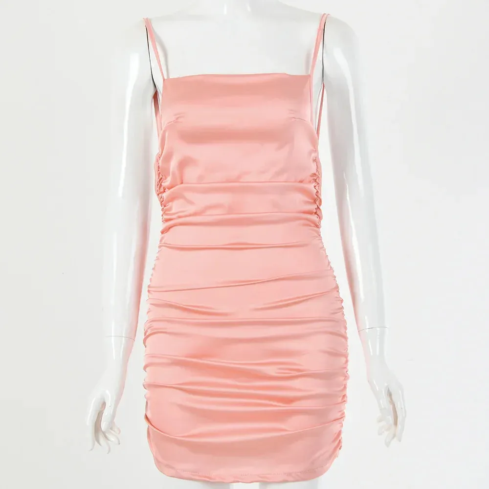 Party Dresses Mini Summer 2024 Sexy Women Bodycon Spaghetti Backless Strap Club Ruched Female Dress