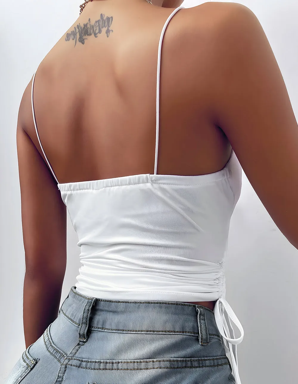 Plain Sleeveless Deep V-Neck Strap Drawstring Camisole