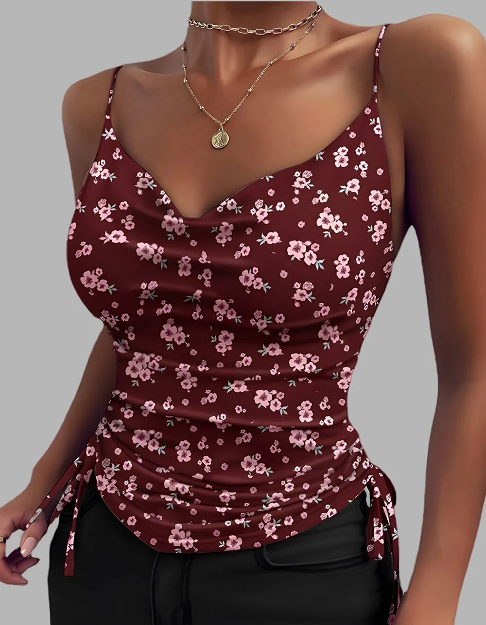 Plain Sleeveless Deep V-Neck Strap Drawstring Camisole