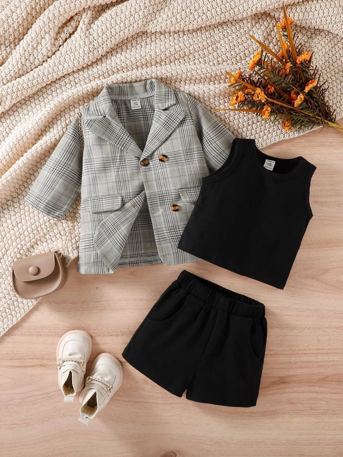 SHEIN Baby Girl Plaid Print Blazer & Tank Top & Shorts