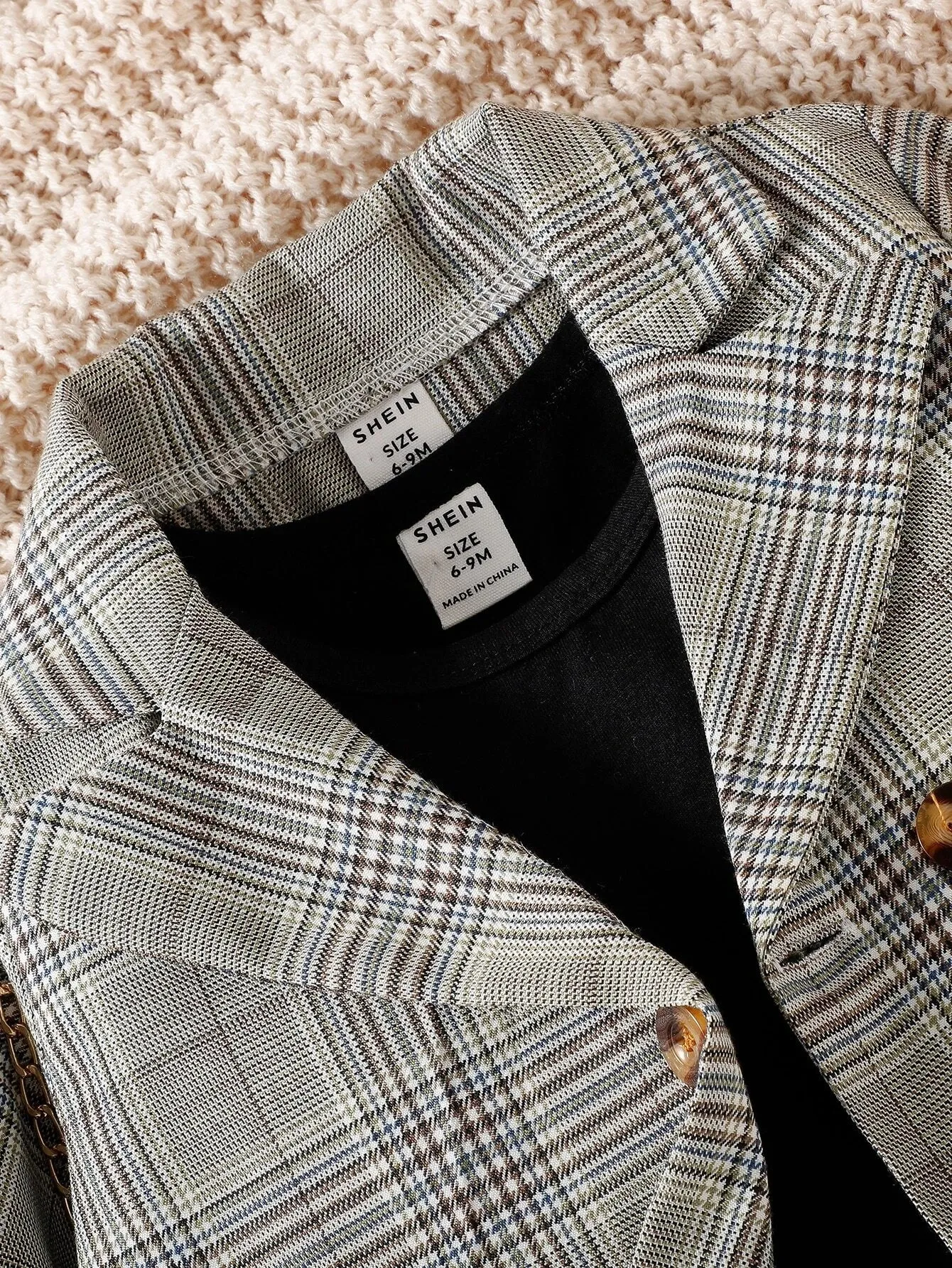 SHEIN Baby Girl Plaid Print Blazer & Tank Top & Shorts