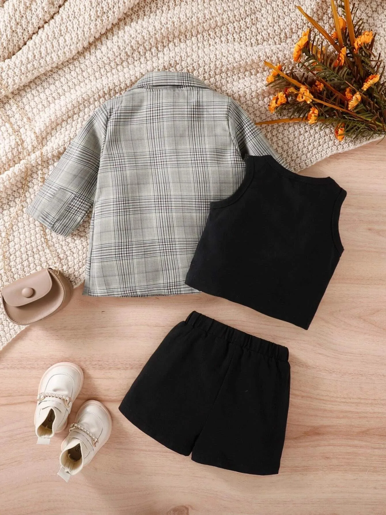SHEIN Baby Girl Plaid Print Blazer & Tank Top & Shorts