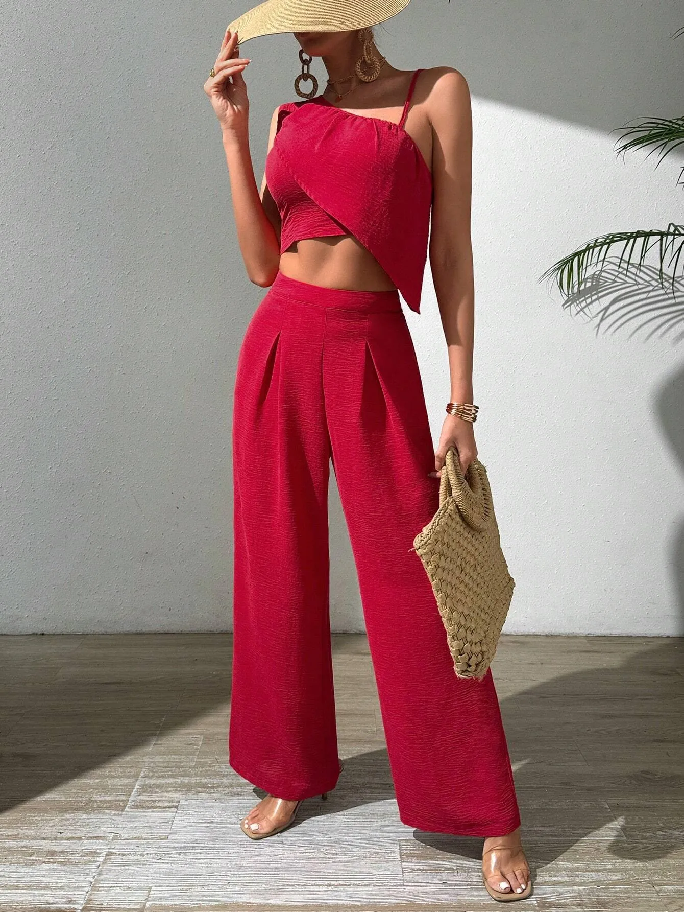 SHEIN VCAY Red High Waist Irregular Shoulder Ruffle Trim Top And Wide Leg Pants Vacation Women's 2 Piece Set
