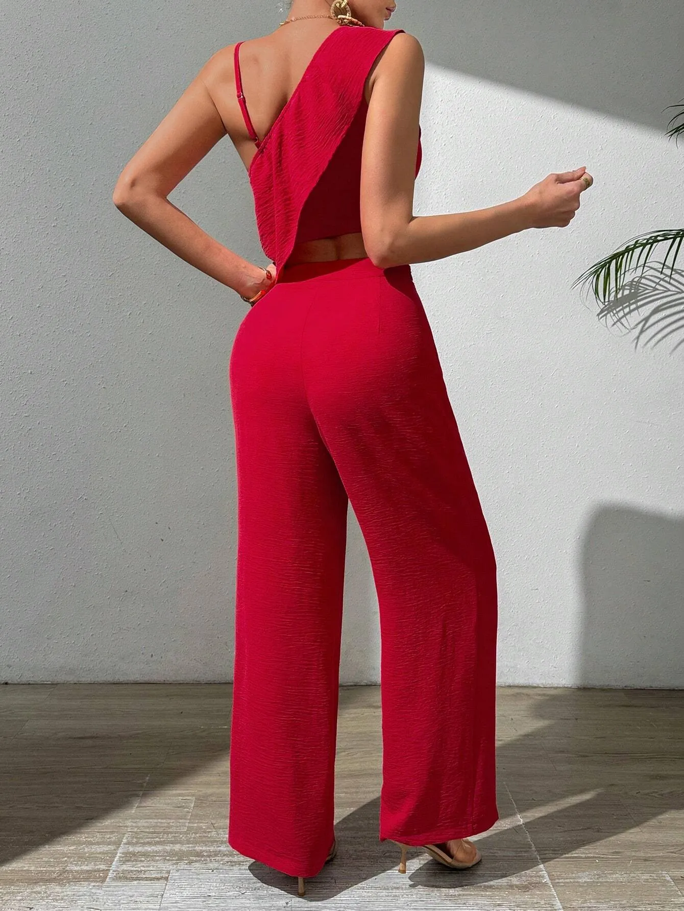 SHEIN VCAY Red High Waist Irregular Shoulder Ruffle Trim Top And Wide Leg Pants Vacation Women's 2 Piece Set