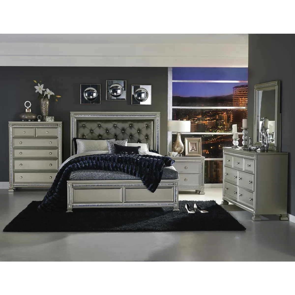 Silver Elegance Queen Bed with Faux Leather Headboard